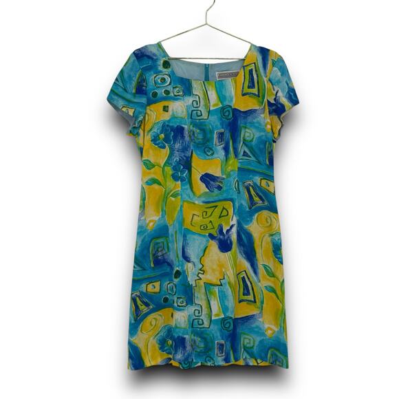 90s Vintage Jessica Howard Blue Yellow Abstract Floral Print Dress 8 Made in USA - Picture 7 of 7